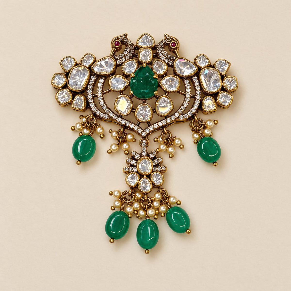 Dvaya Mayura Emerald Kundan Pendant Set, photo 3