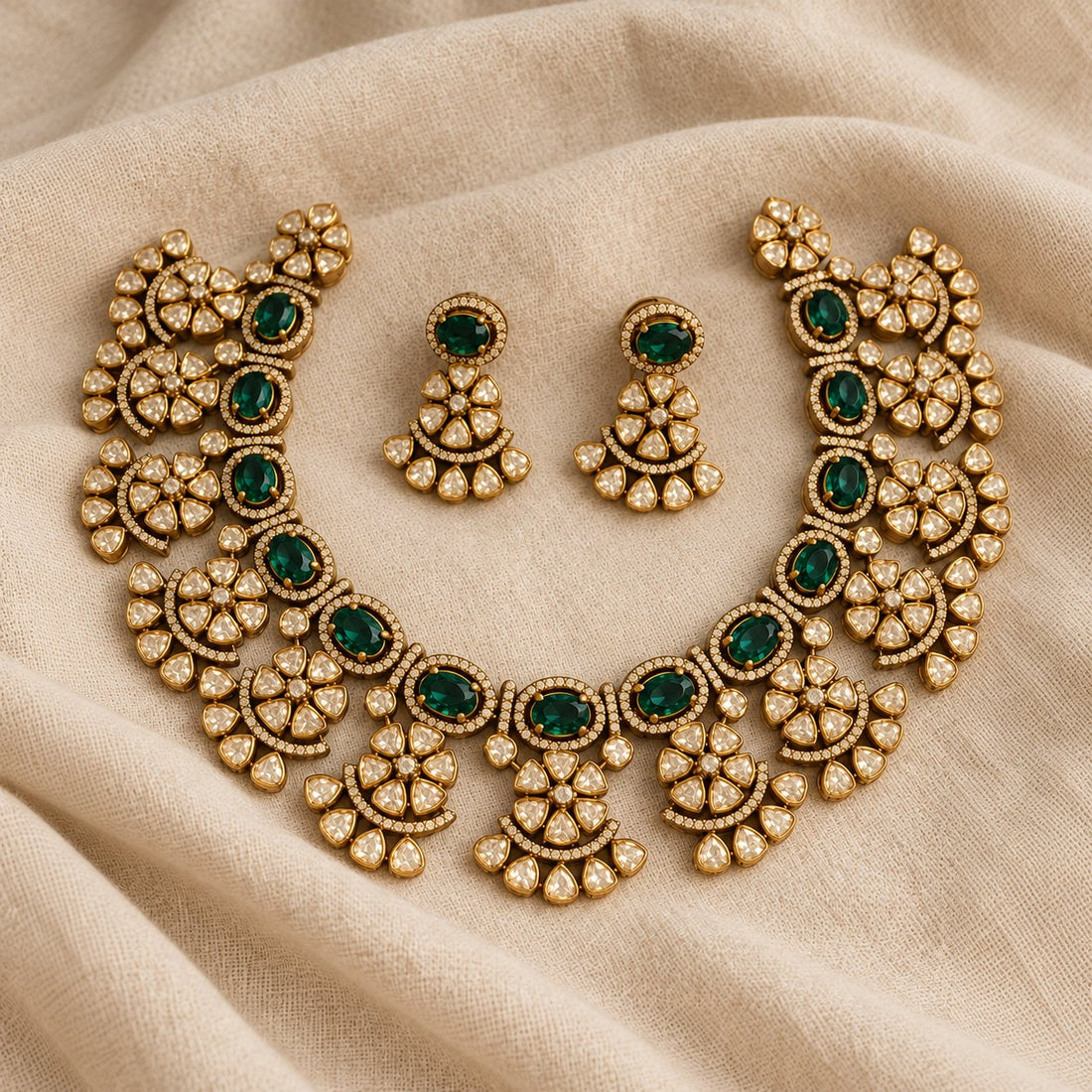 Indraneela Emerald Moissanite Necklace & Earrings, photo 1