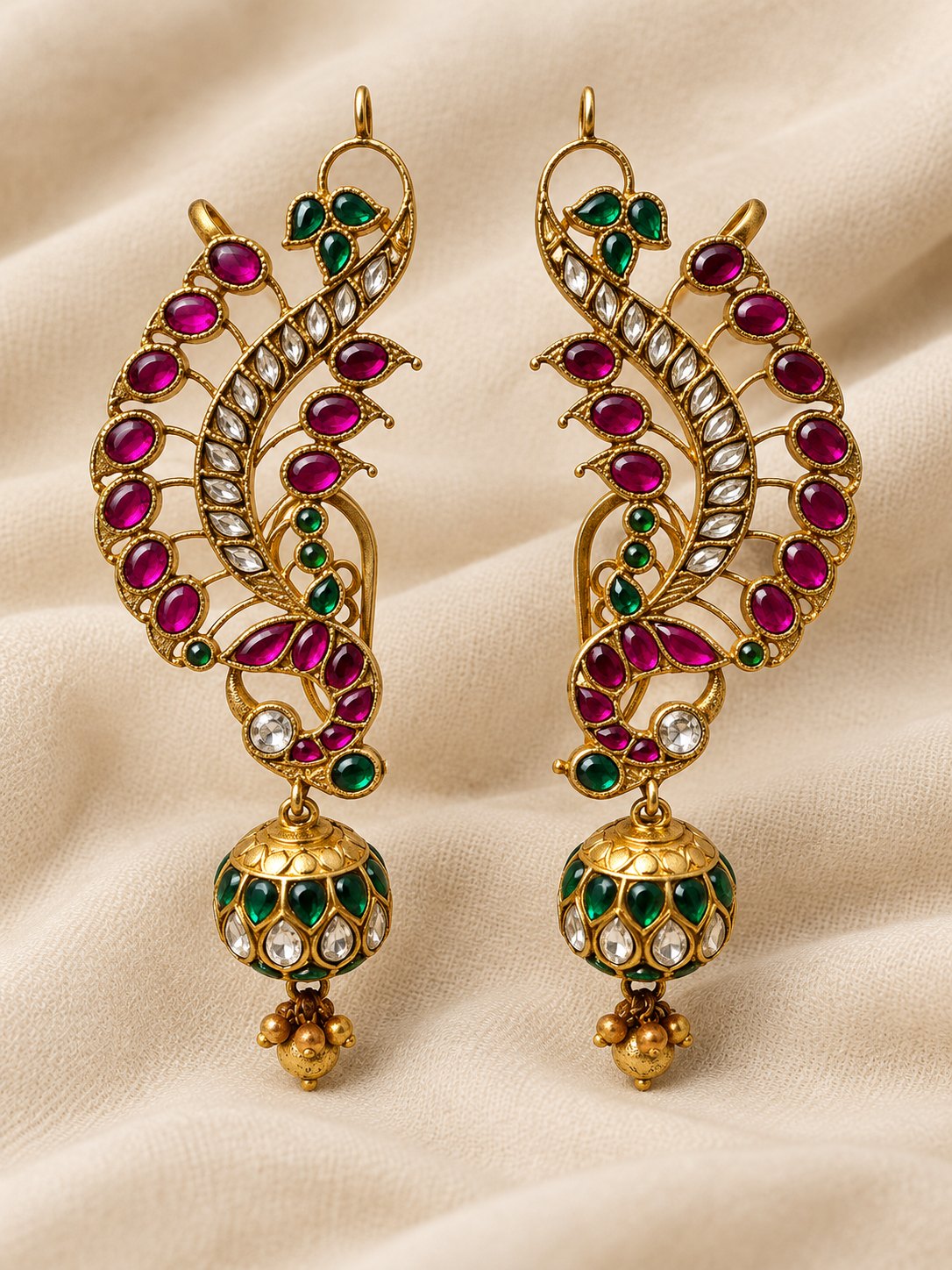 Mayur Pankhi Kundan Ball Drop Earrings/Earcuffs, photo 1