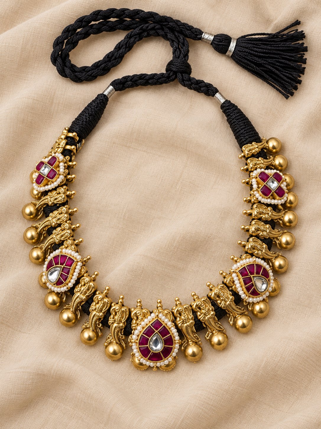 Nakshi Gajamukha Kundan Gundu Thread Necklace, photo 1