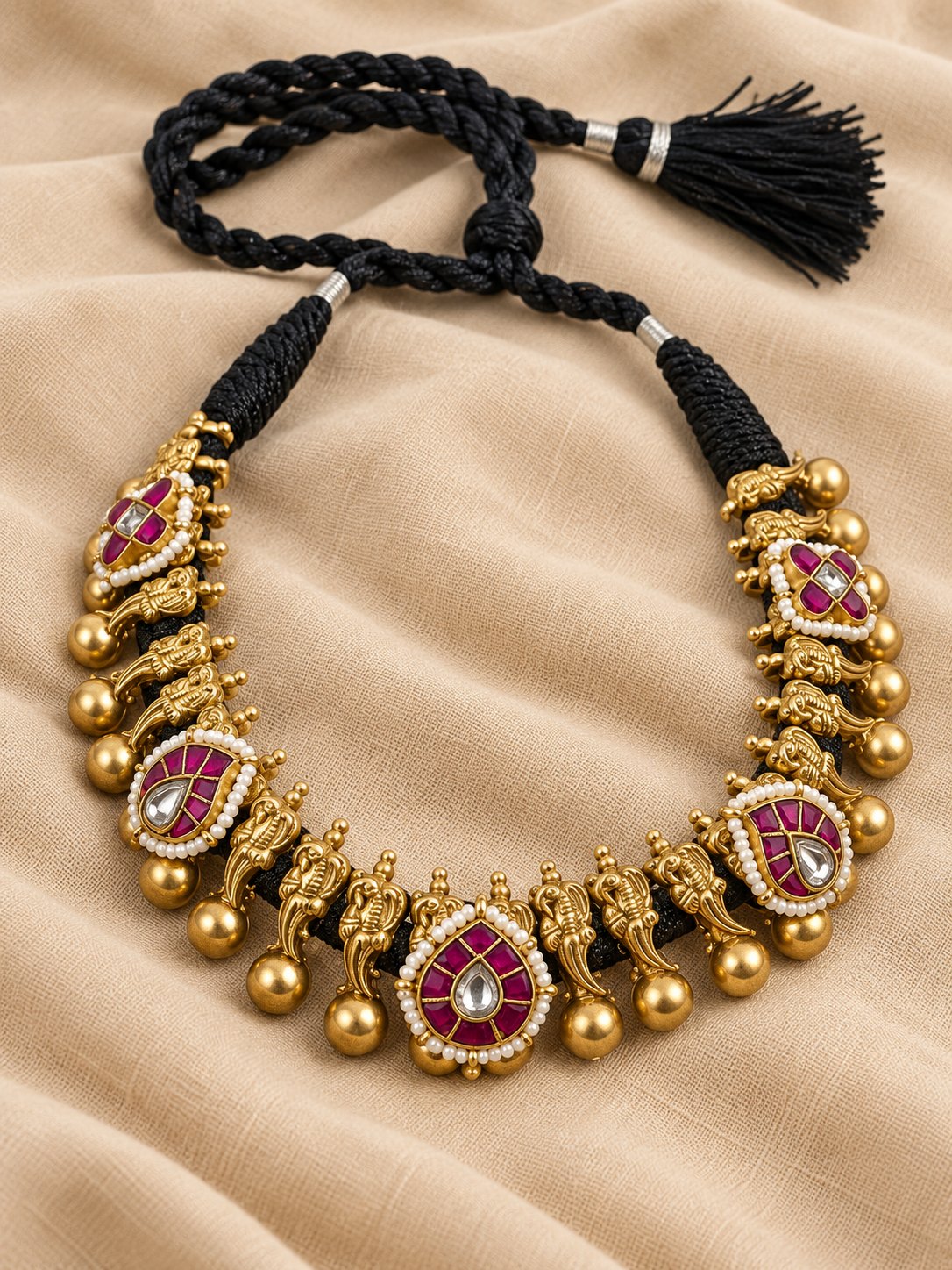 Nakshi Gajamukha Kundan Gundu Thread Necklace, photo 2
