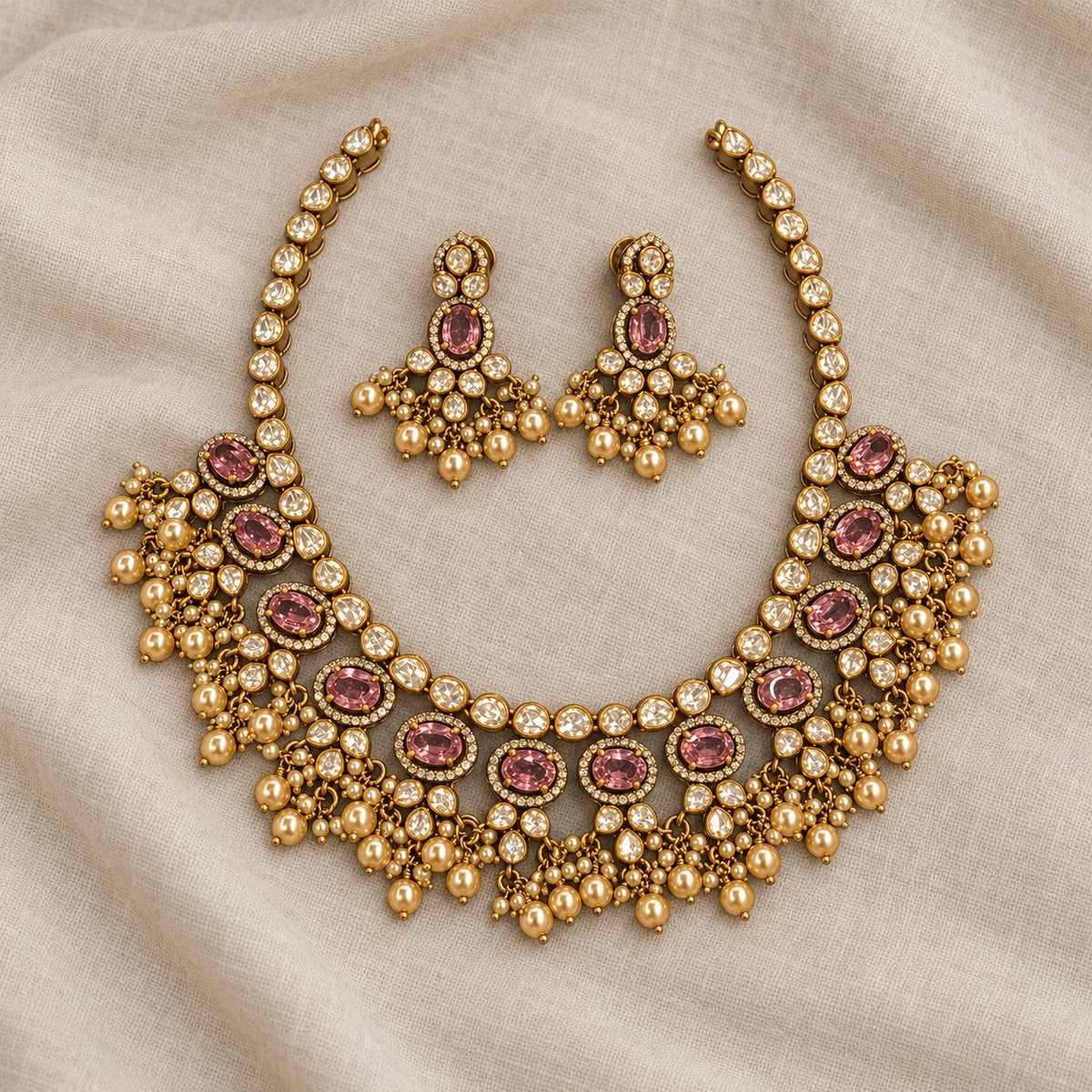 Padmaraga Pearl Moissanite Necklace & Earrings, photo 1