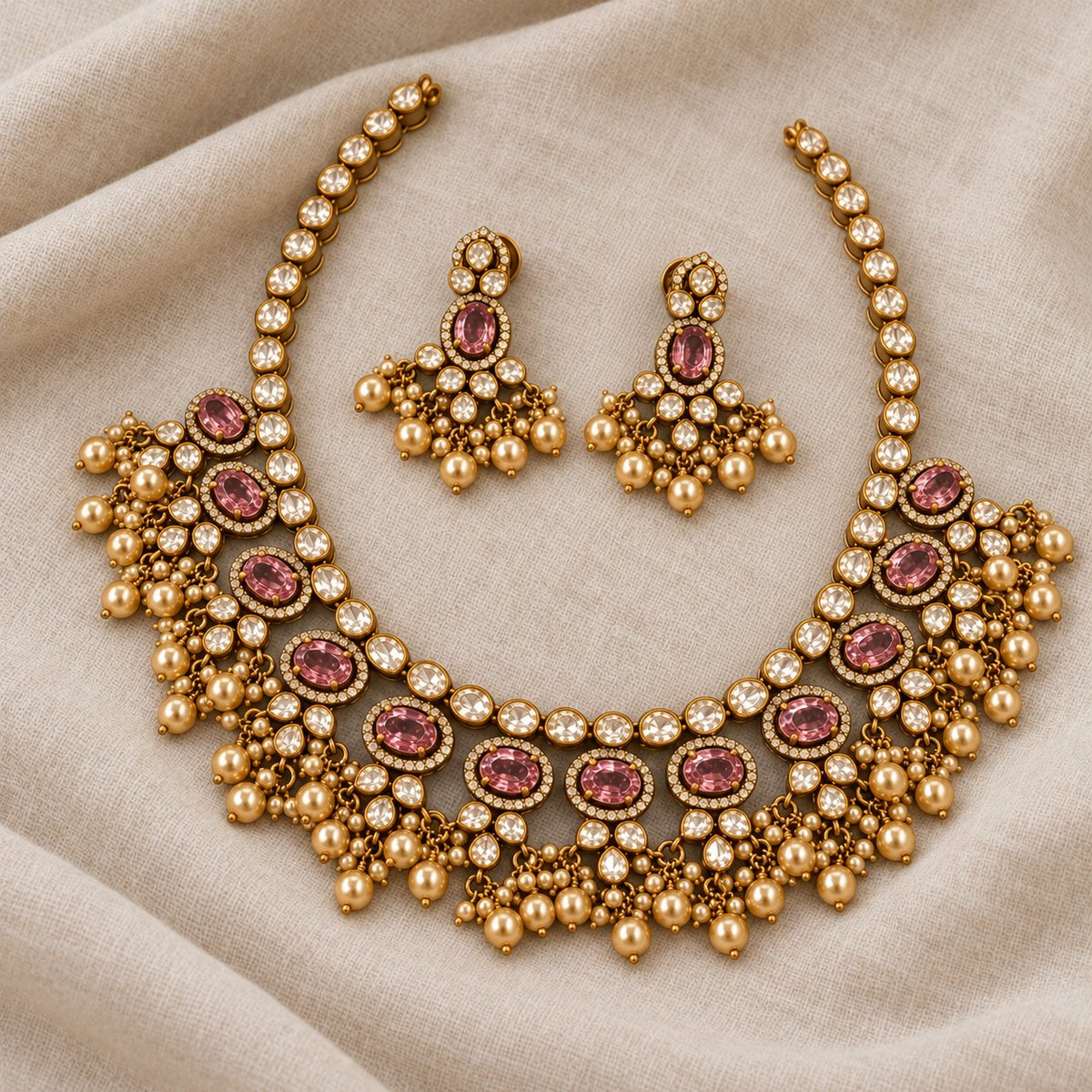 Padmaraga Pearl Moissanite Necklace & Earrings, photo 2